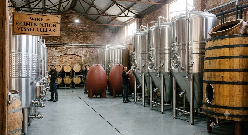 Rows of fermentation vessels in the brewery