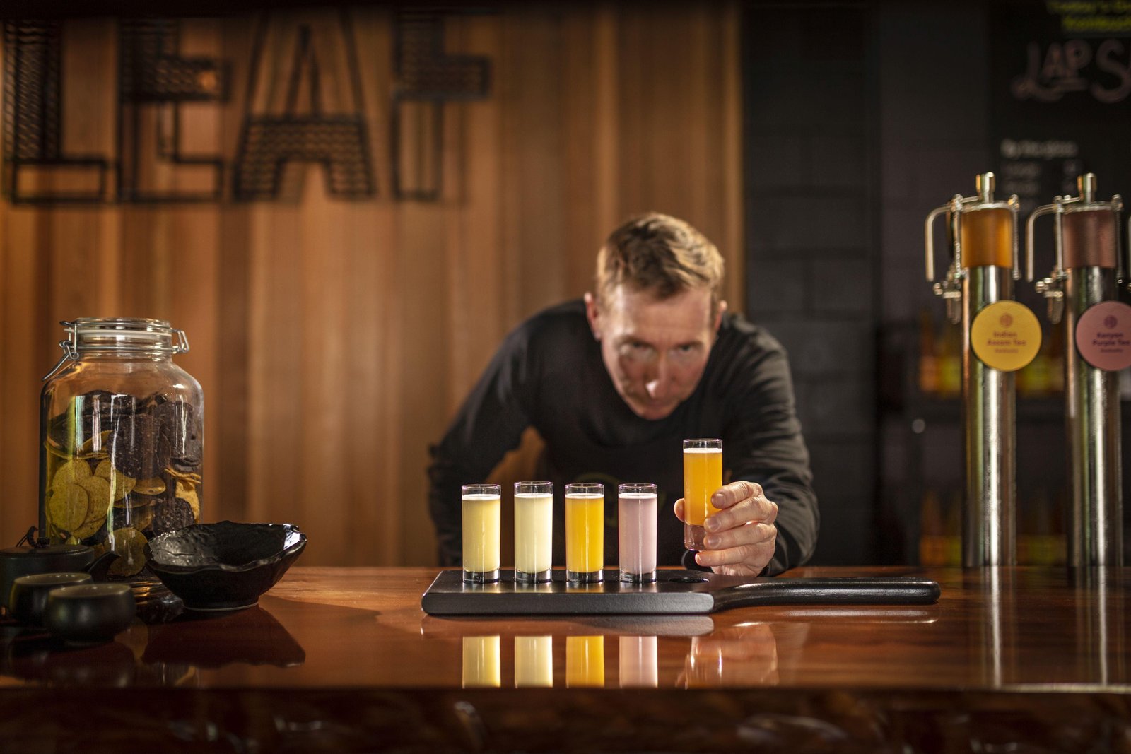 The tasting bench inside the brewery
