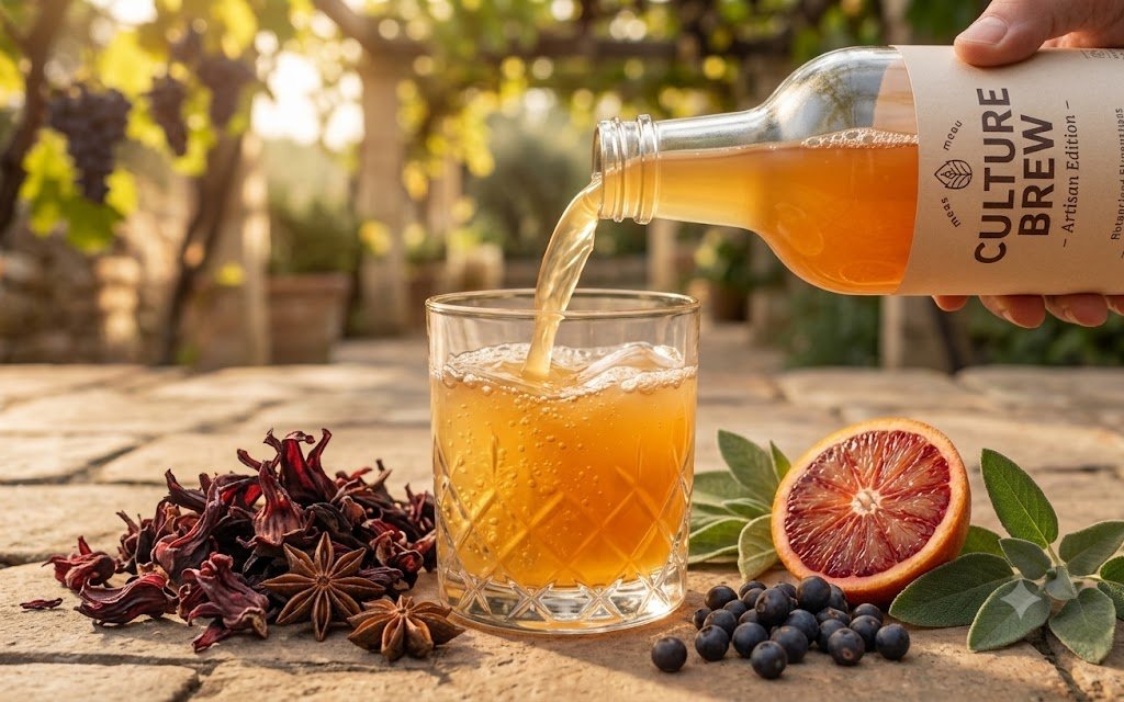 Guests tasting kombucha at a wooden taproom counter