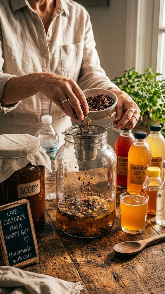 Brewers tasting kombucha beside fermentation vessels