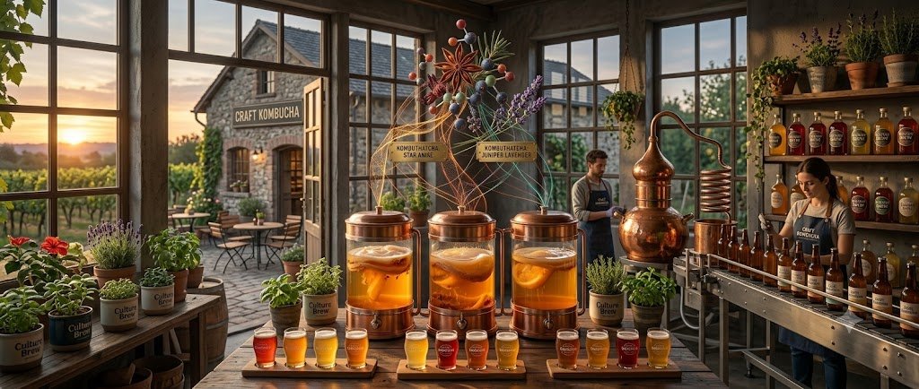 Craft kombucha bottles and fresh botanical ingredients