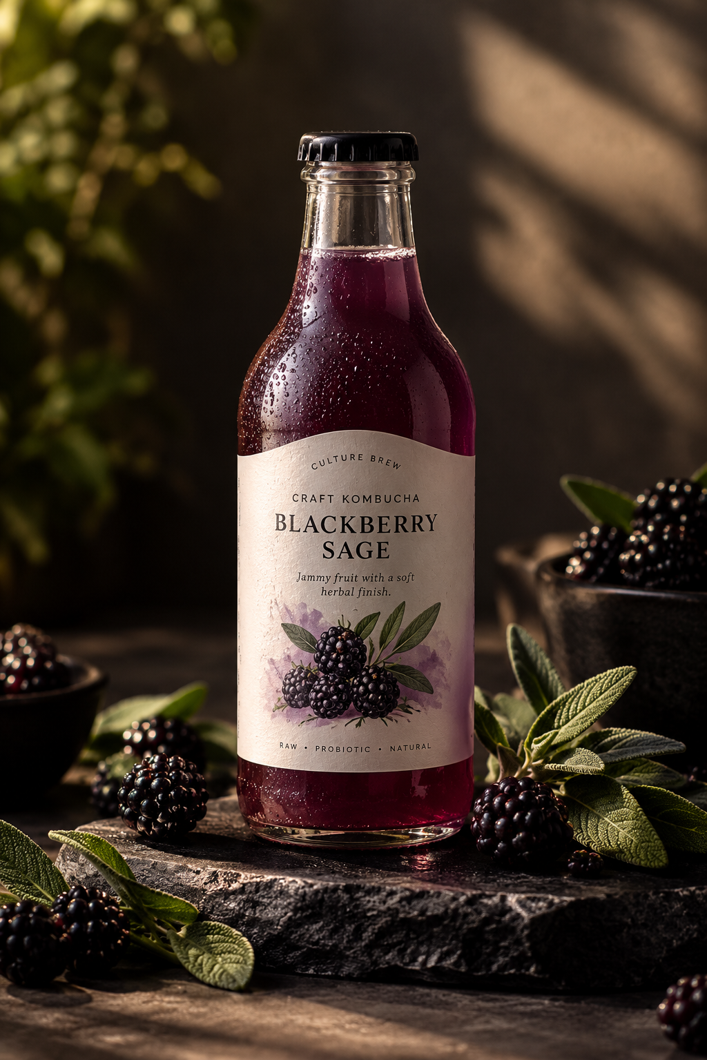 Blackberry sage kombucha with fresh blackberries