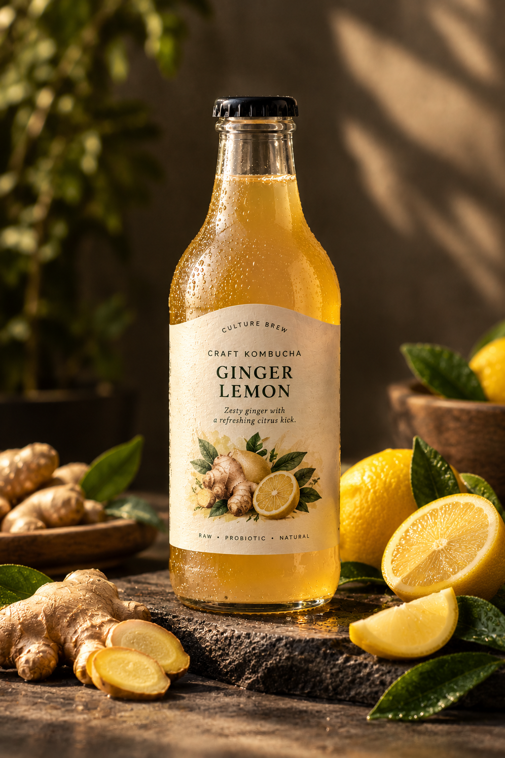 Ginger lemon kombucha with lemon slices and ginger root