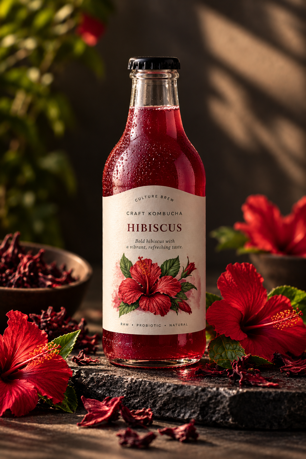Hibiscus rose kombucha with dried hibiscus petals