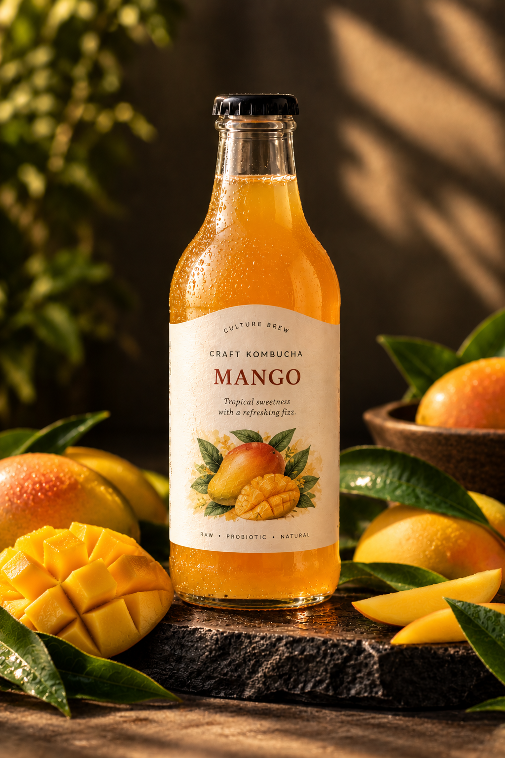 Mango turmeric kombucha with sliced mango