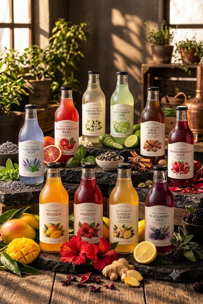 Bottles of craft kombucha surrounded by fresh berries and citrus